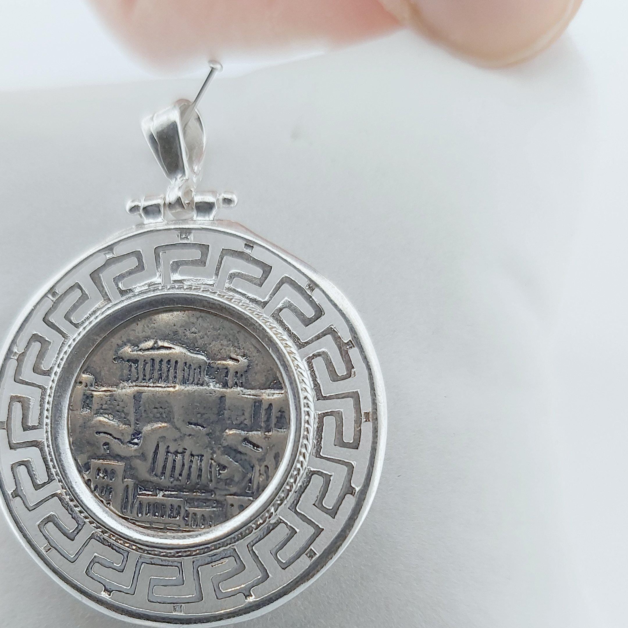 Sterling Silver Greek Pendant: Acropolis & Athenian Owl Coin