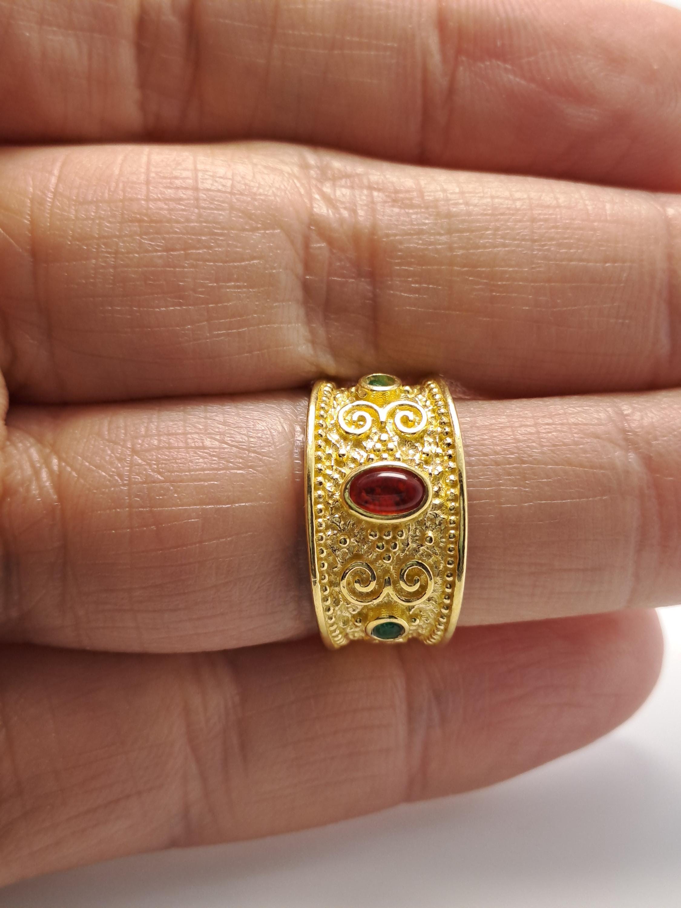 Byzantine Gold Ring – Adjustable Filigree Band With Red Zircon Stone & Green Accents
