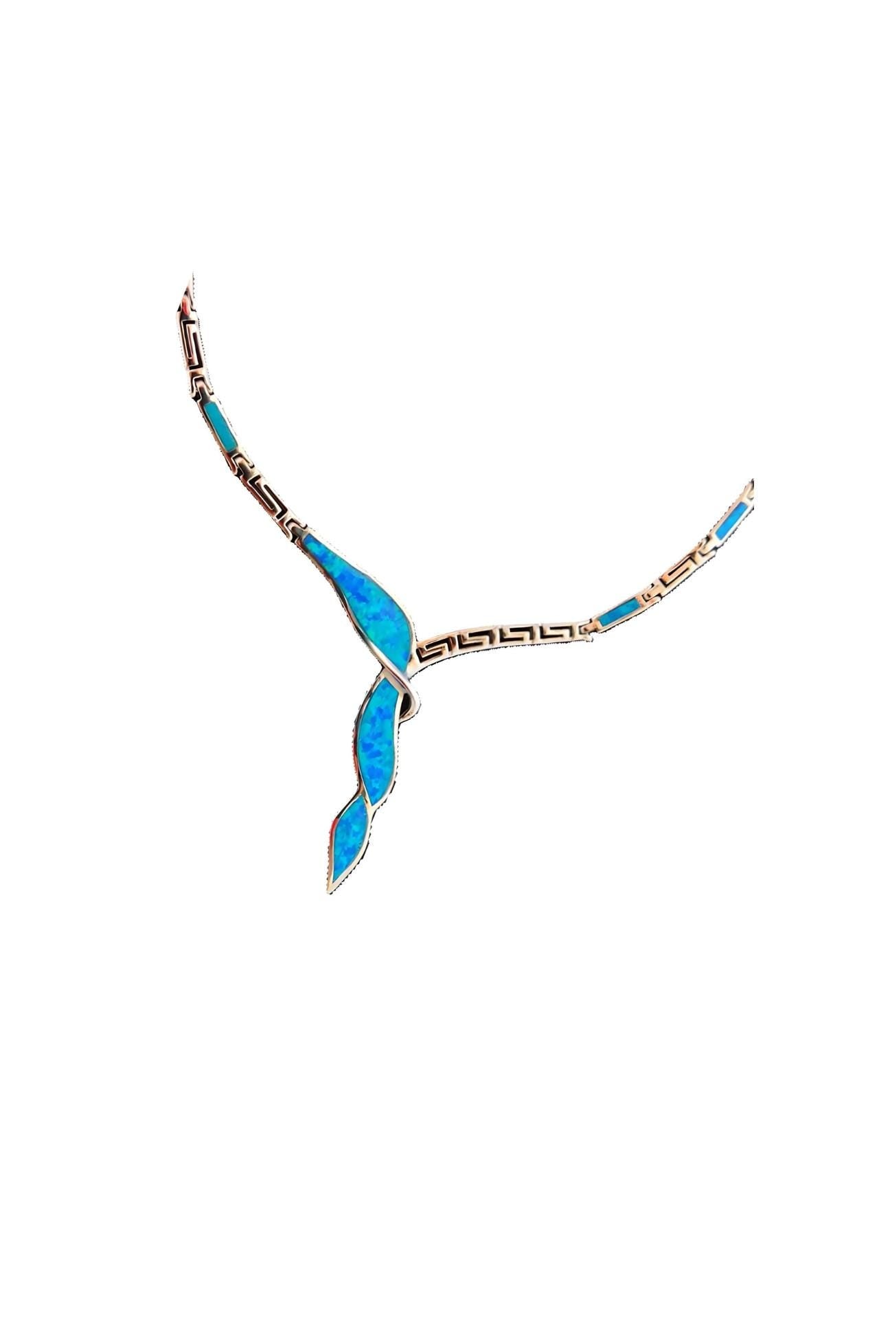 Silver Blue Opal Greek Key Necklace, Meander Design