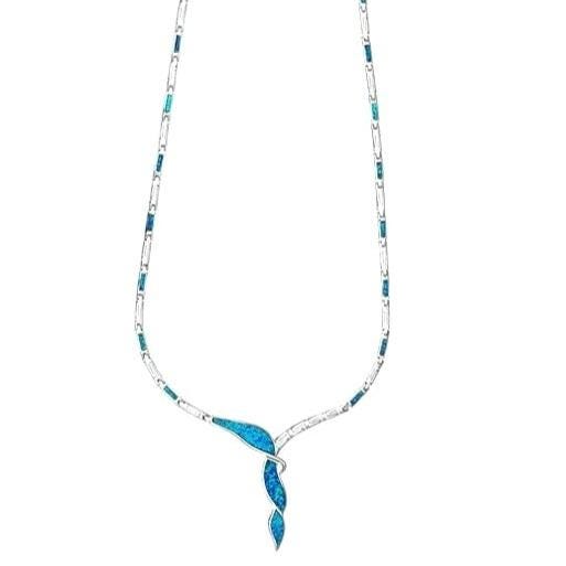 Silver Blue Opal Greek Key Necklace, Meander Design