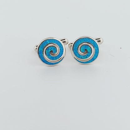 Blue Opal Greek Key Cufflinks, Sterling Silver, Meander Round Design, 925 Silver
