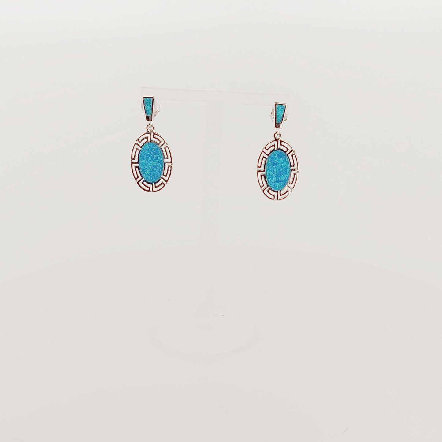Greek Key Blue Opal Sterling Silver Dangle Earrings: Handmade in Greece