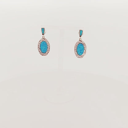 Greek Key Blue Opal Sterling Silver Dangle Earrings: Handmade in Greece