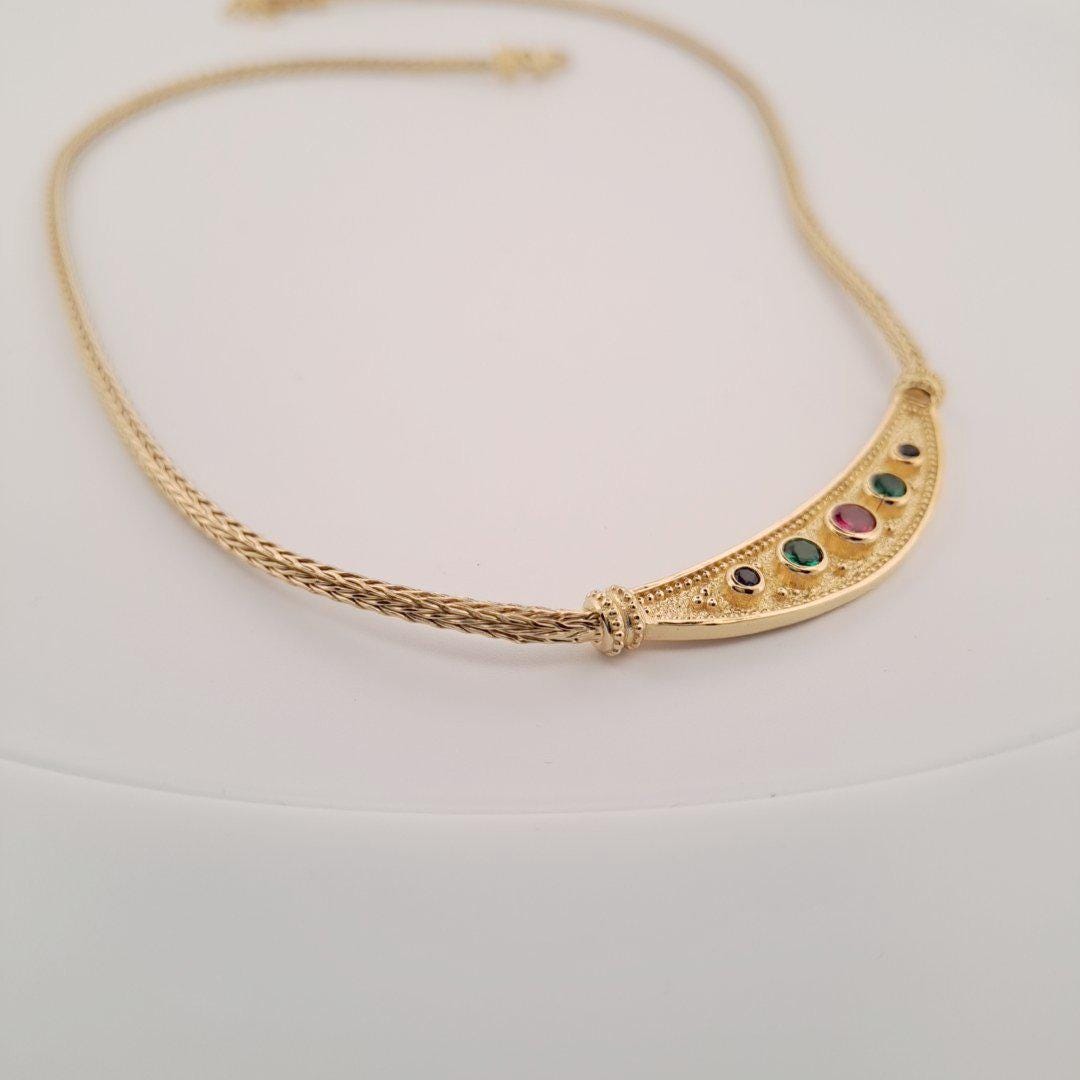 Byzantine Necklace – Gold Plated Multicolor Gemstone Necklace with Greek Key Design