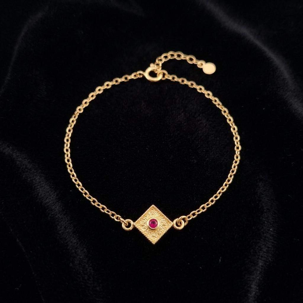 Byzantine Gold Bracelet – Sterling Silver Adjustable Chain With Red Gemstone Charm