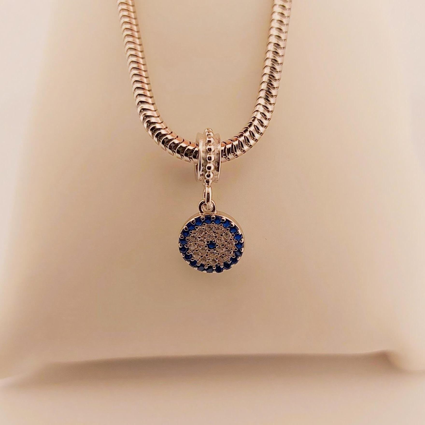 Evil Eye Charm Bead with Blue Stones and Crystals, Greek Design Bracelet, Sterling Silver