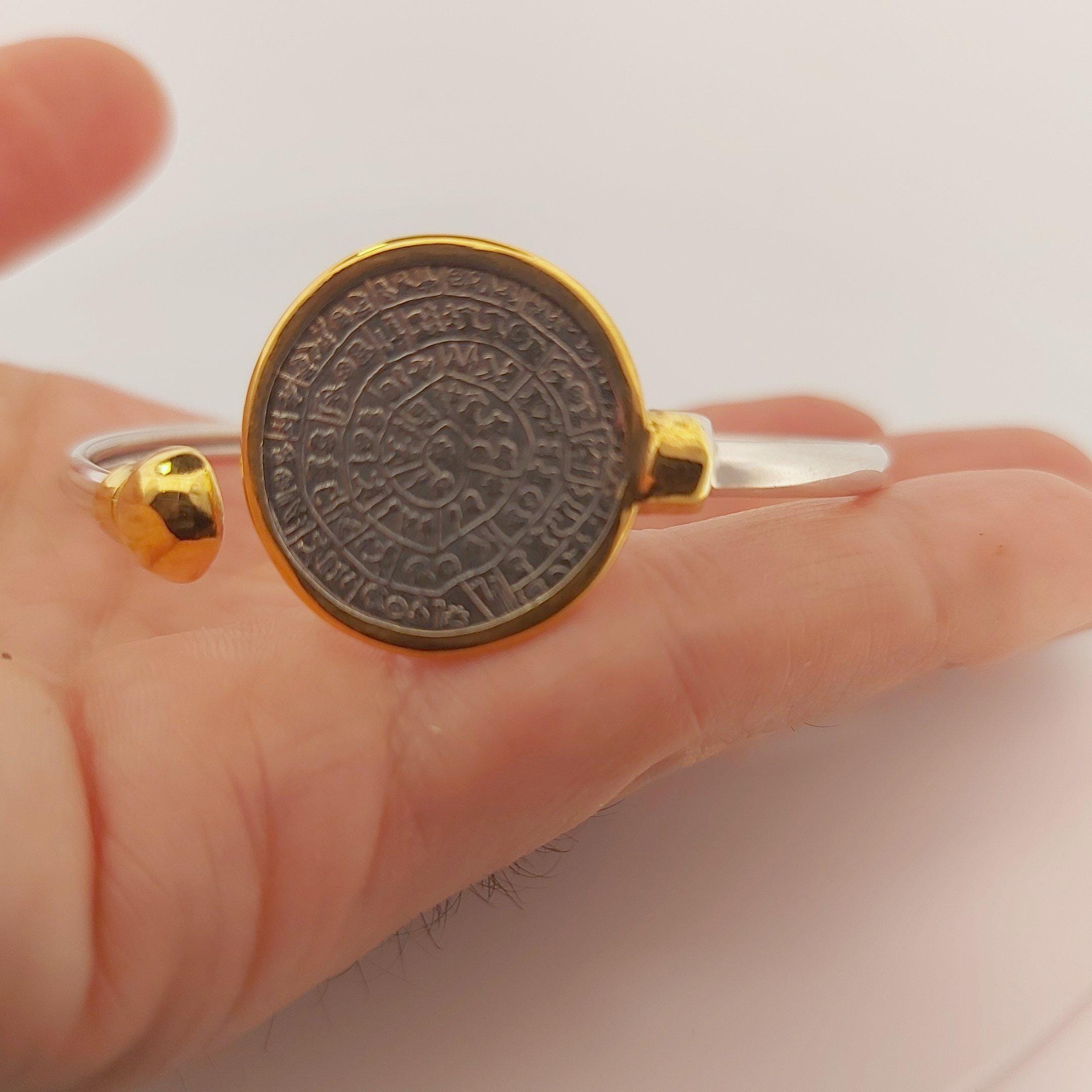 Gold-Plated Phaistos Disc Bracelet: Sterling Silver Ancient Minoan Jewelry