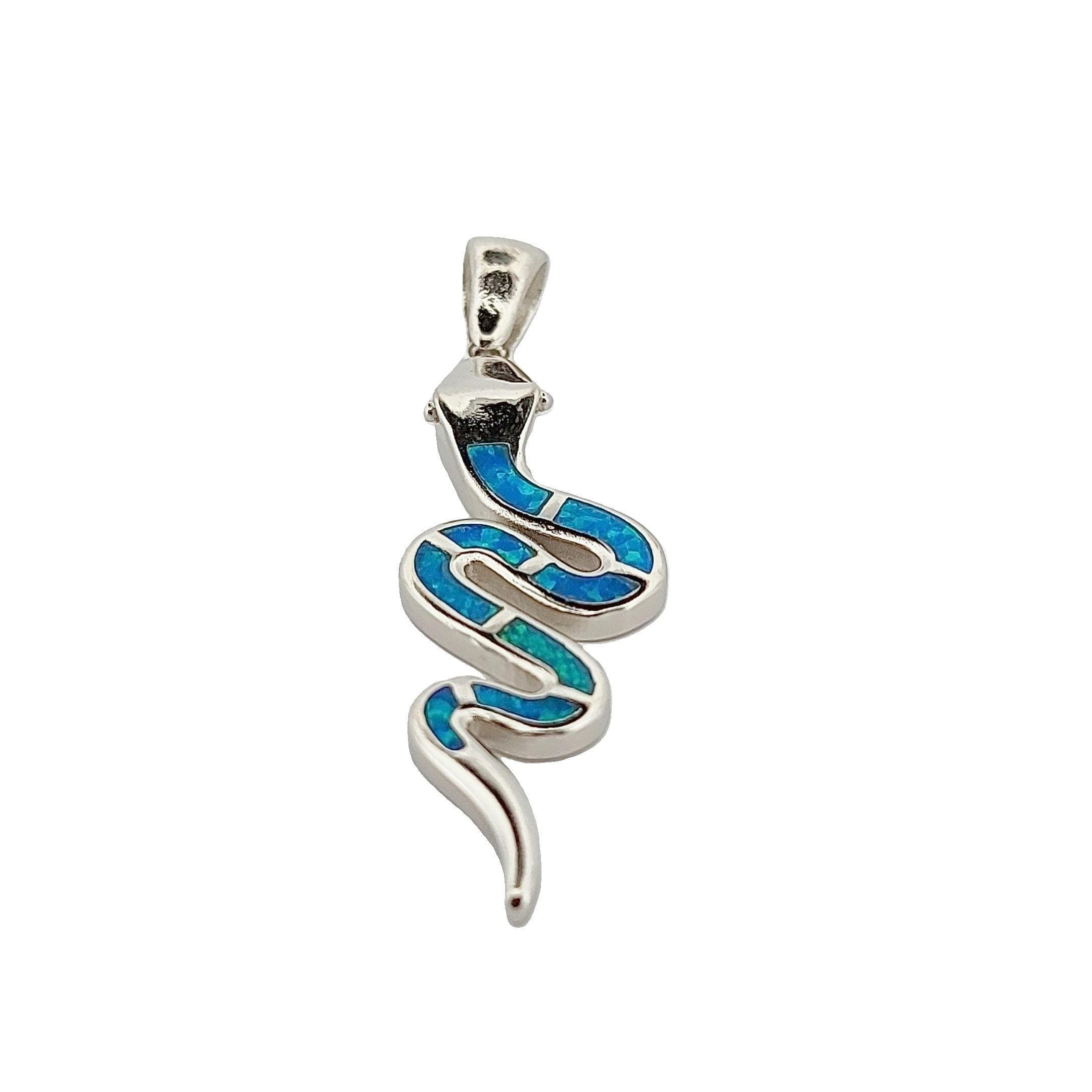 Sterling Silver 925 Snake Pendant with Blue Opal Inlay