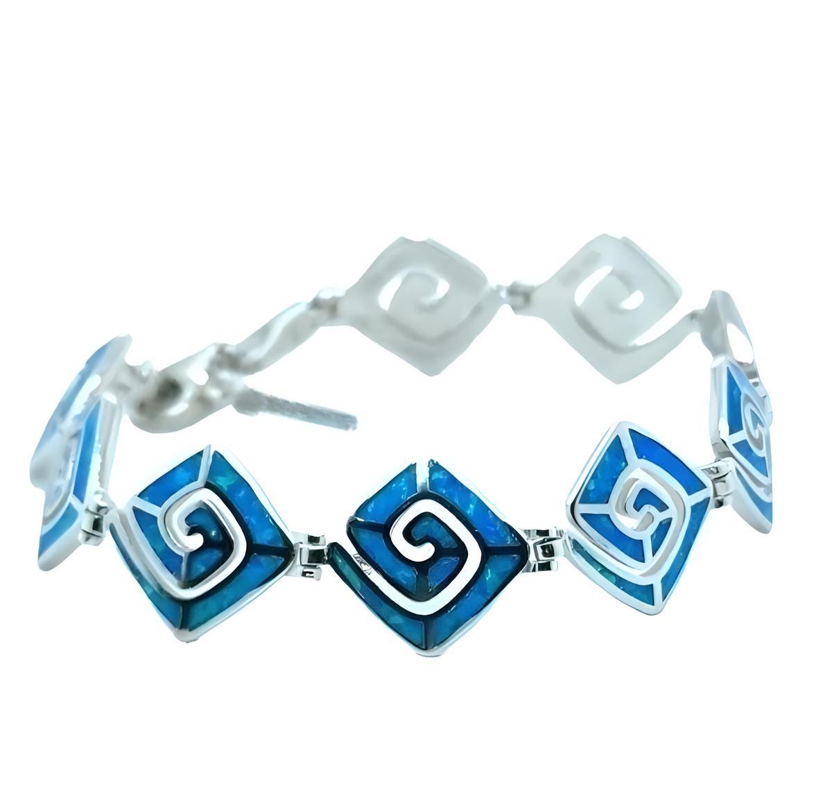 Blue Opal Greek Key Bracelet, Sterling Silver 925, Meander Design Link Bracelet