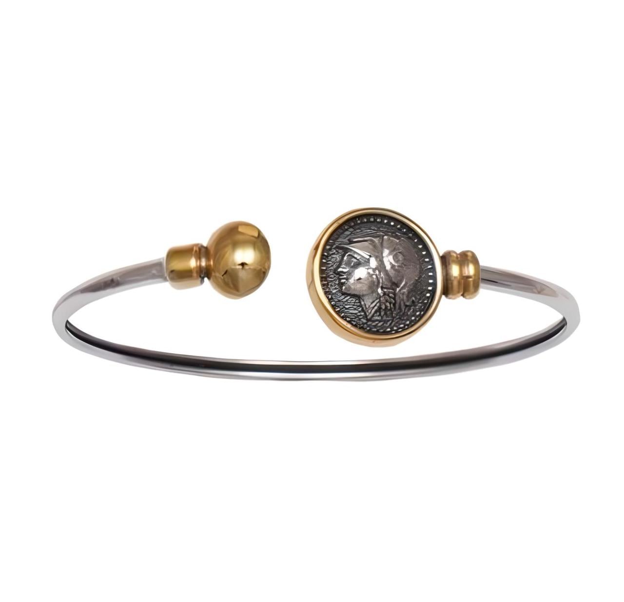 Gold Plated Athena Bangle Bracelet: Ancient Greek Coin Medallion