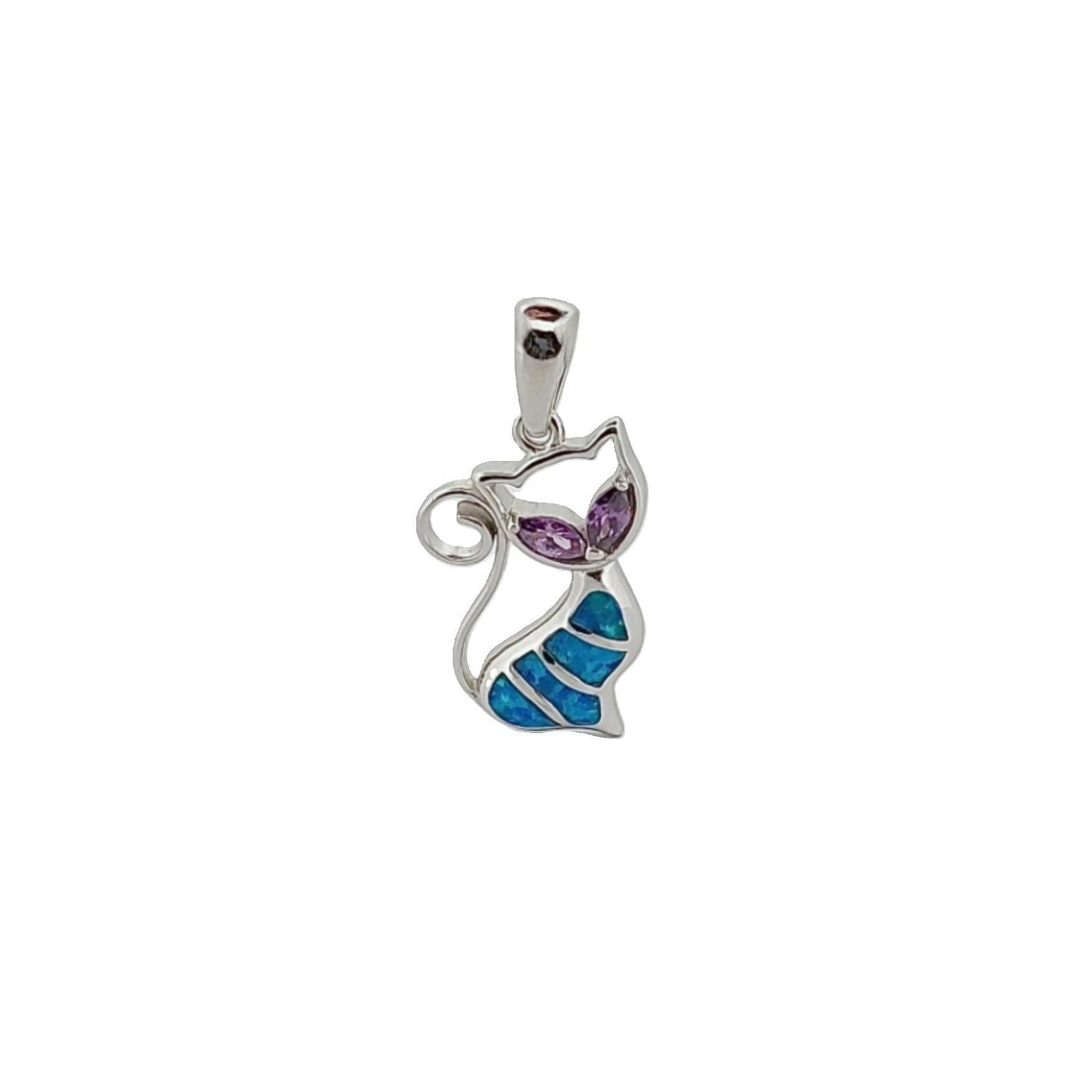 Sterling Silver 925 Cat Pendant, Blue and Purple Opal Inlay