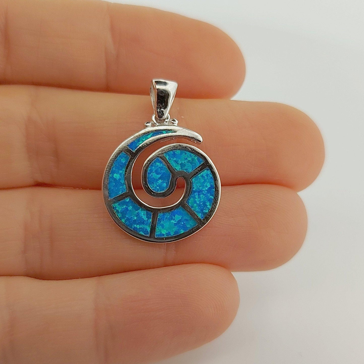 Sterling Silver Greek Key Pendant: Blue Opal Meander Necklace