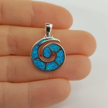 Sterling Silver Greek Key Pendant: Blue Opal Meander Necklace