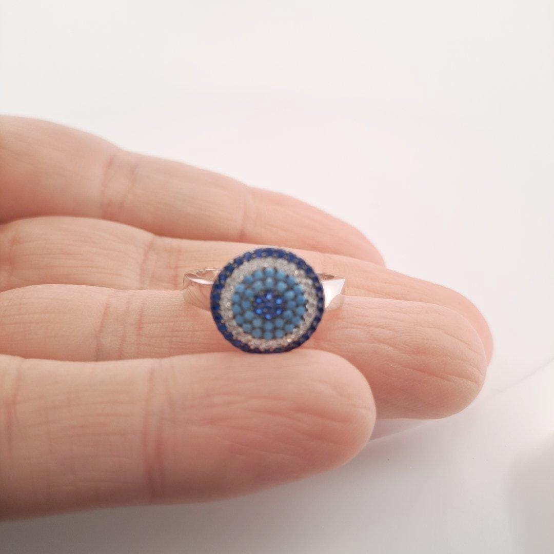 Evil Eye Ring Silver 925 – Blue Zircon Protection Jewelry With Circle Design