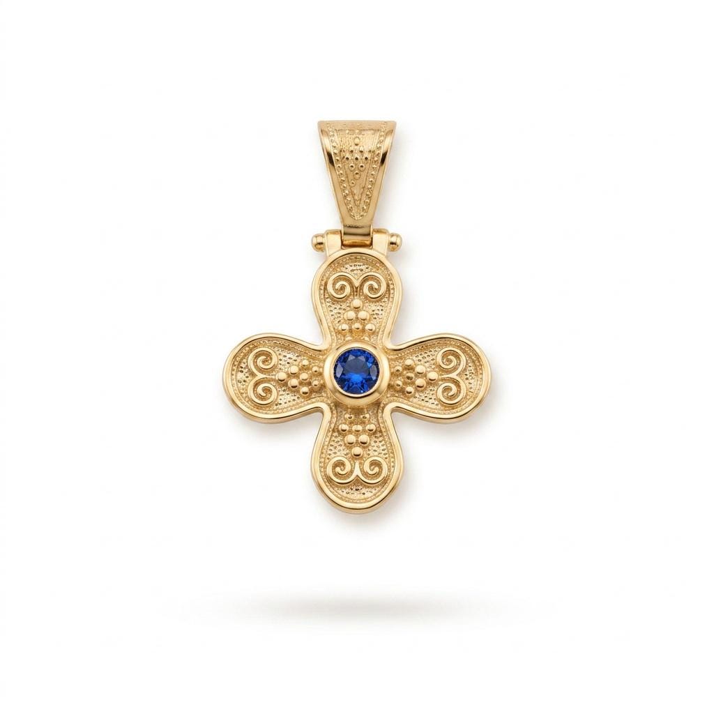 Gold Plated Cross Pendant – Byzantine Engraved Gemstone Necklace with Scroll Motif