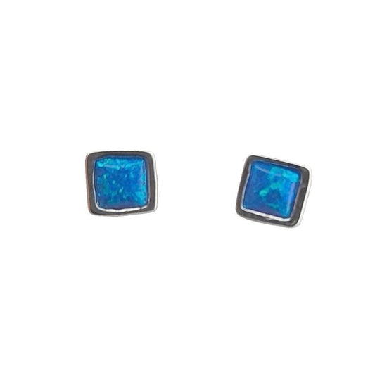 Square Blue Opal Stud Earrings: Sterling Silver Greek Design