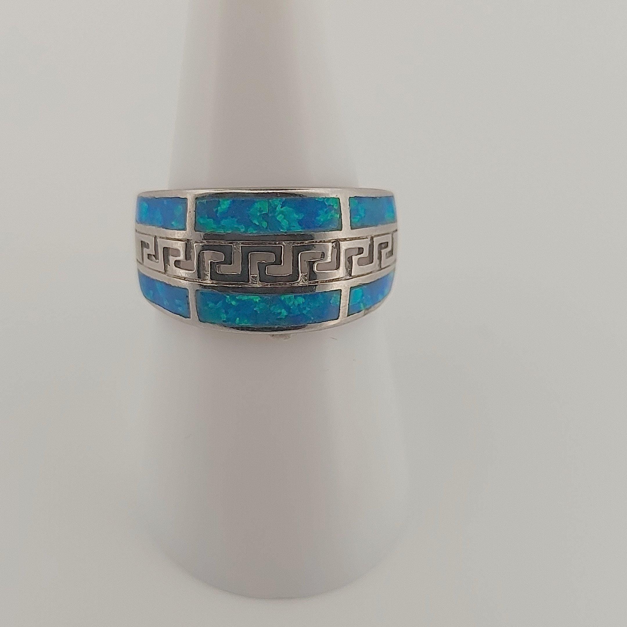 Blue Opal Ring, Sterling Silver Greek Key Meander Design, Statement Band