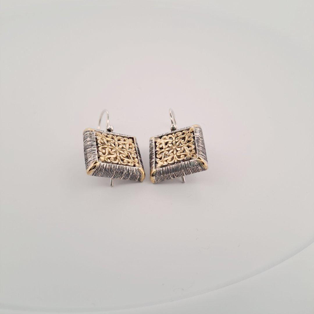 Byzantine Filigree Earrings – Two Tone Square Dangle Drops With Classic Hooks