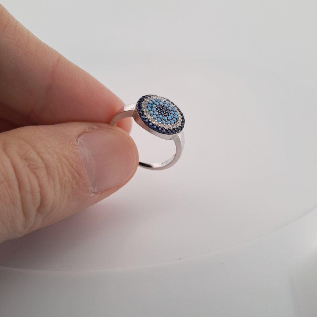 Evil Eye Ring Silver 925 – Blue Zircon Protection Jewelry With Circle Design