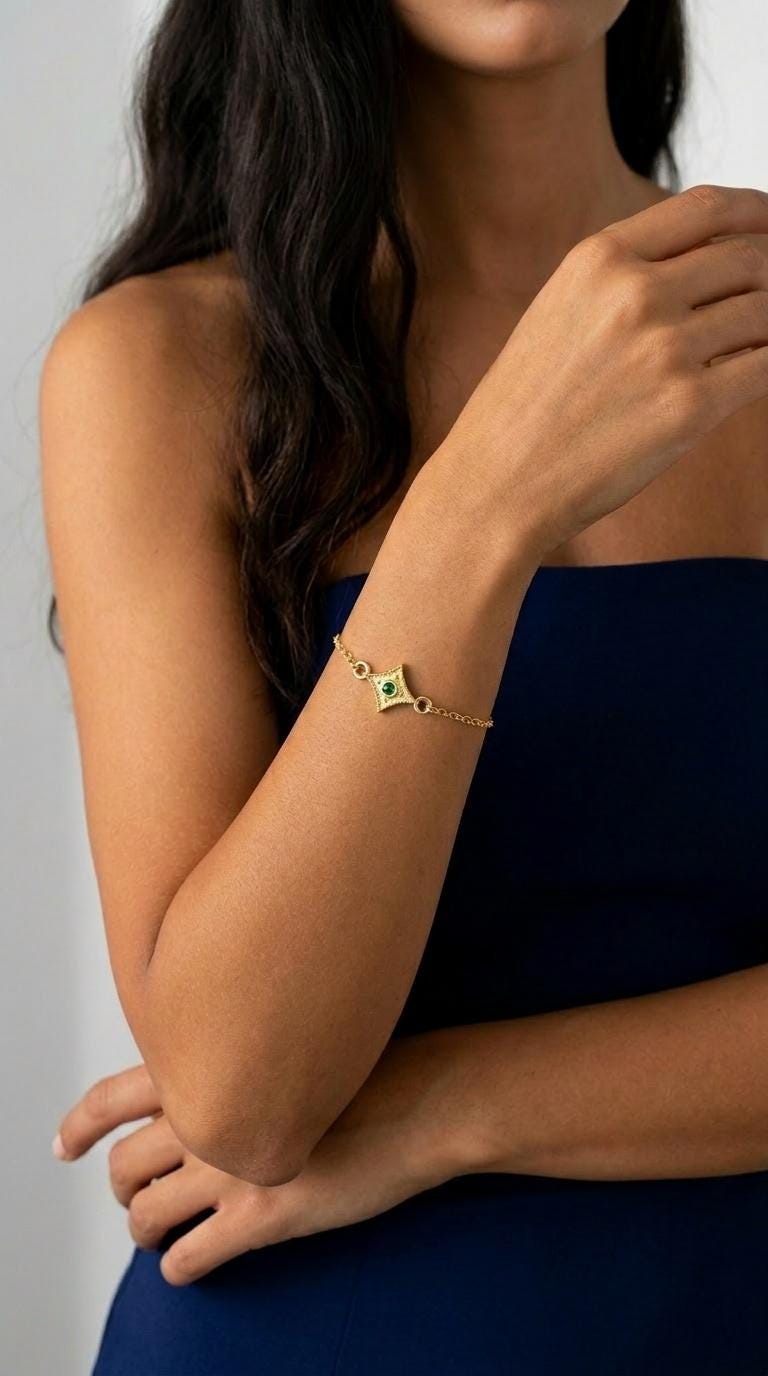 Byzantine Bracelet - Gold Plated Chain Sterling Silver Jewelry With Emerald Charm