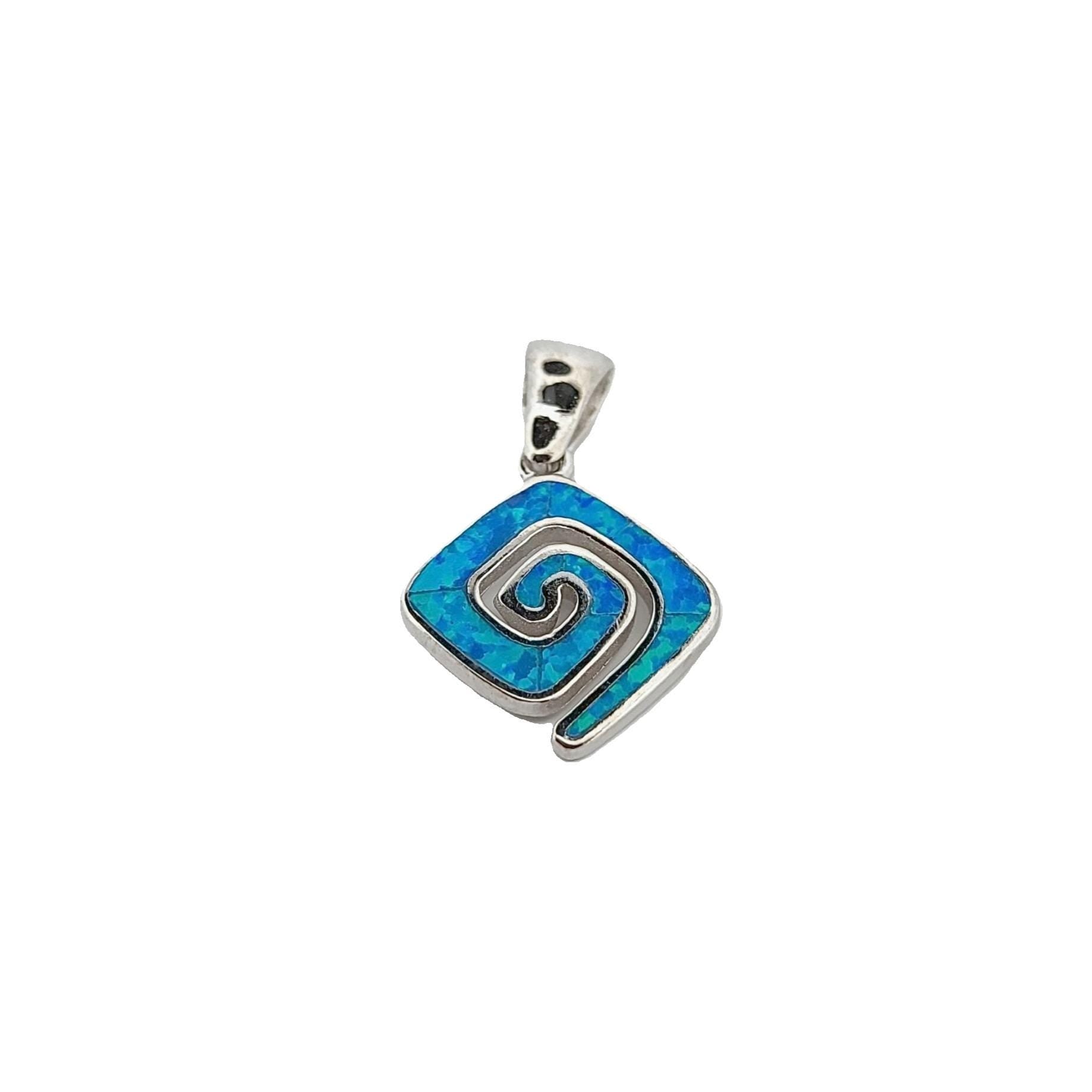 Blue Opal Greek Key Pendant: Sterling Silver Meander Necklace