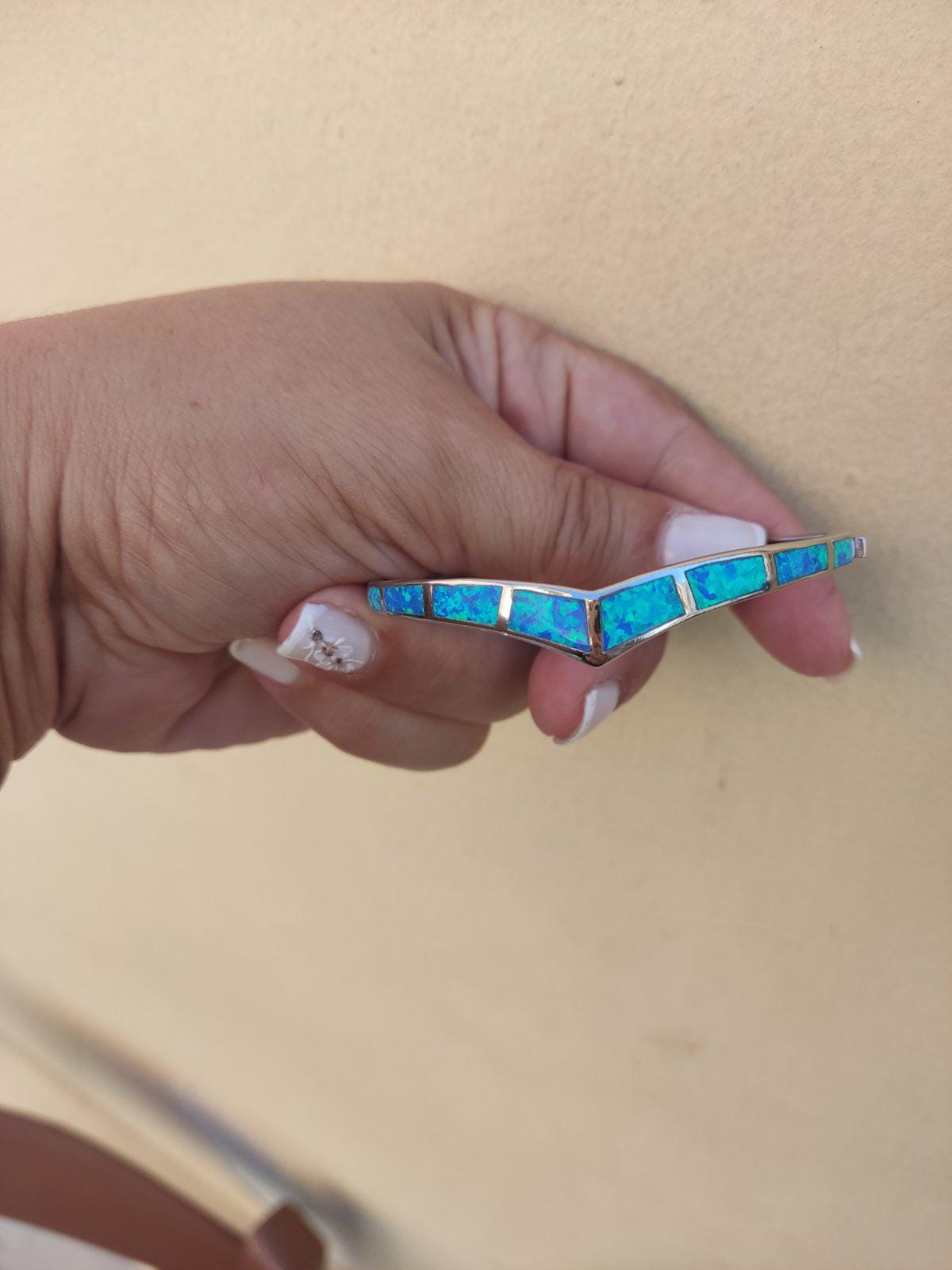 Blue Opal Bangle Bracelet, Sterling Silver 925, Greek Inspired Design