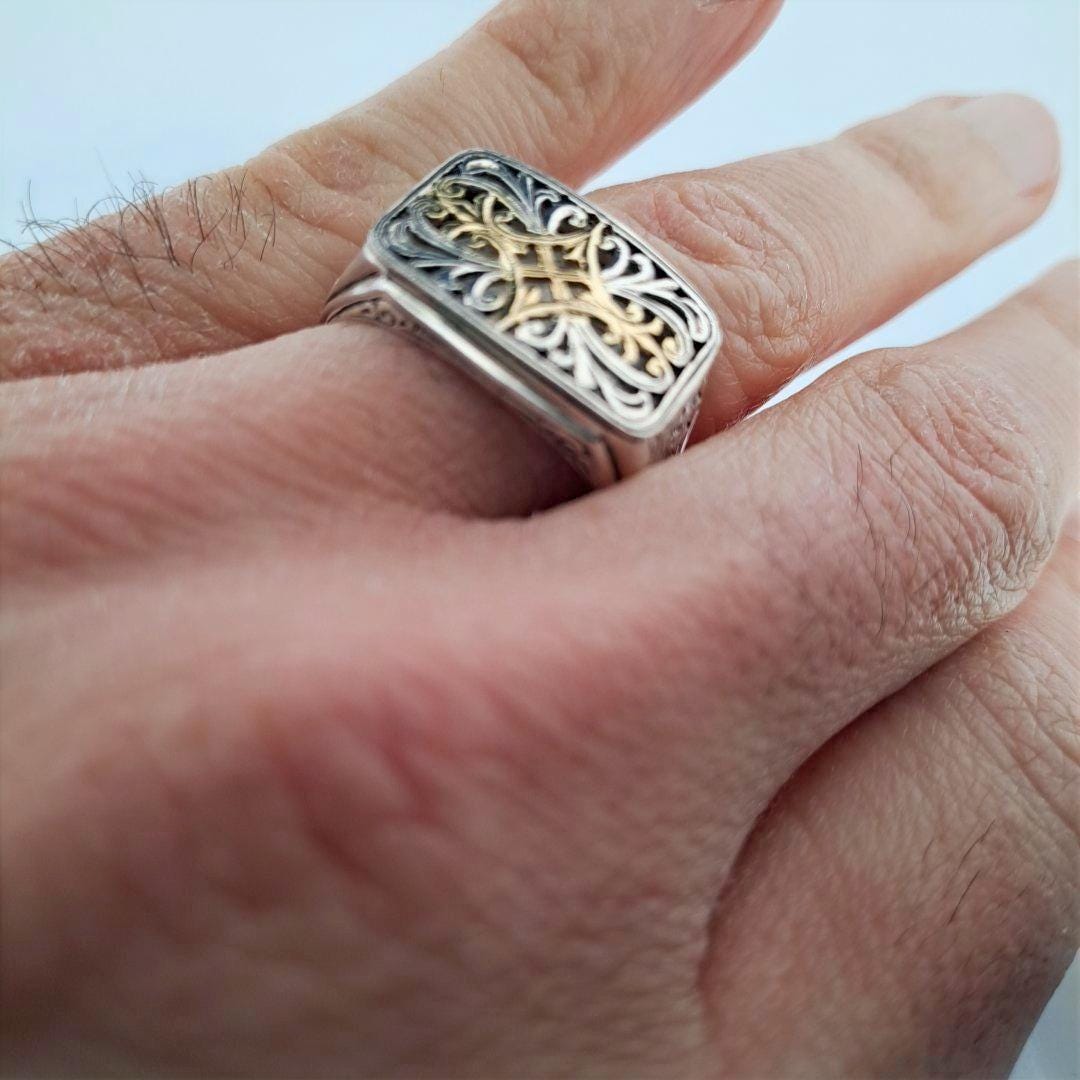Byzantine Silver Ring – Gold Plated Band With Ornate Cross And Scrollwork Design