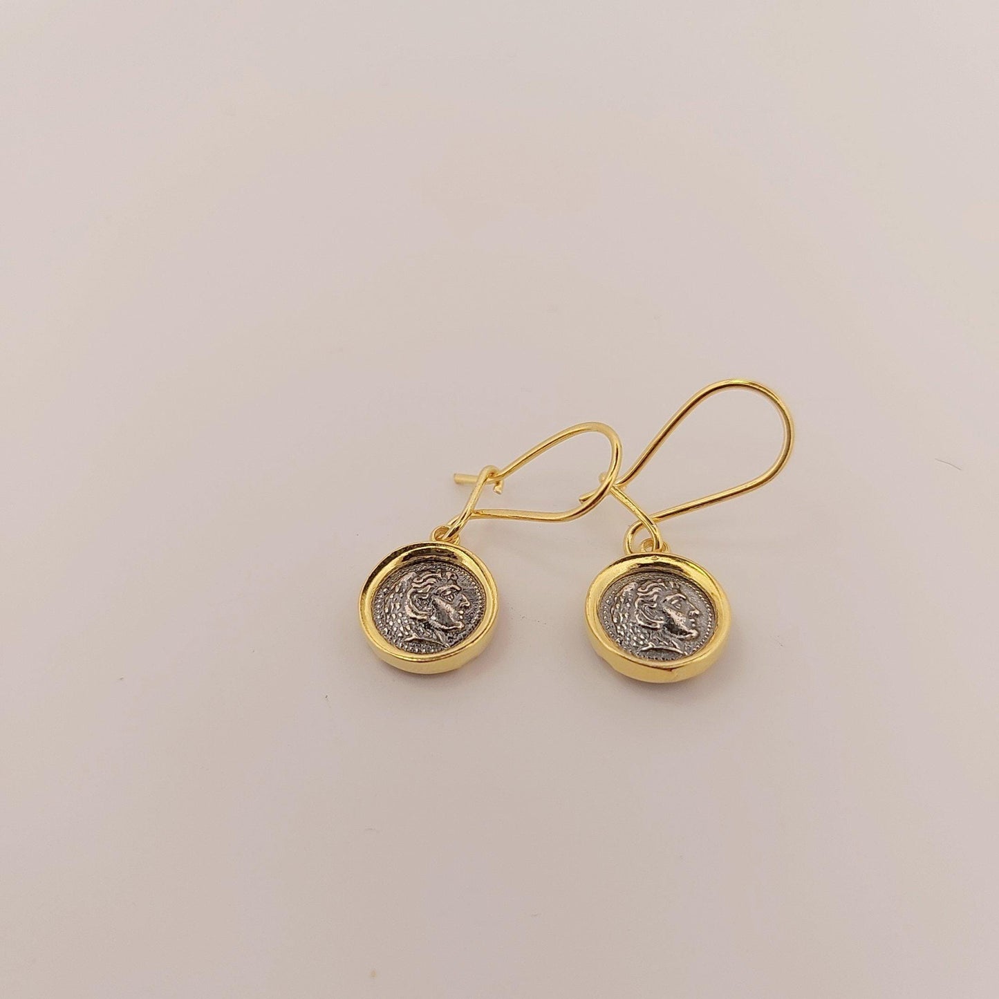 Hercules Coin Dangle Earrings, Silver Gold Plated, Greek Mythology