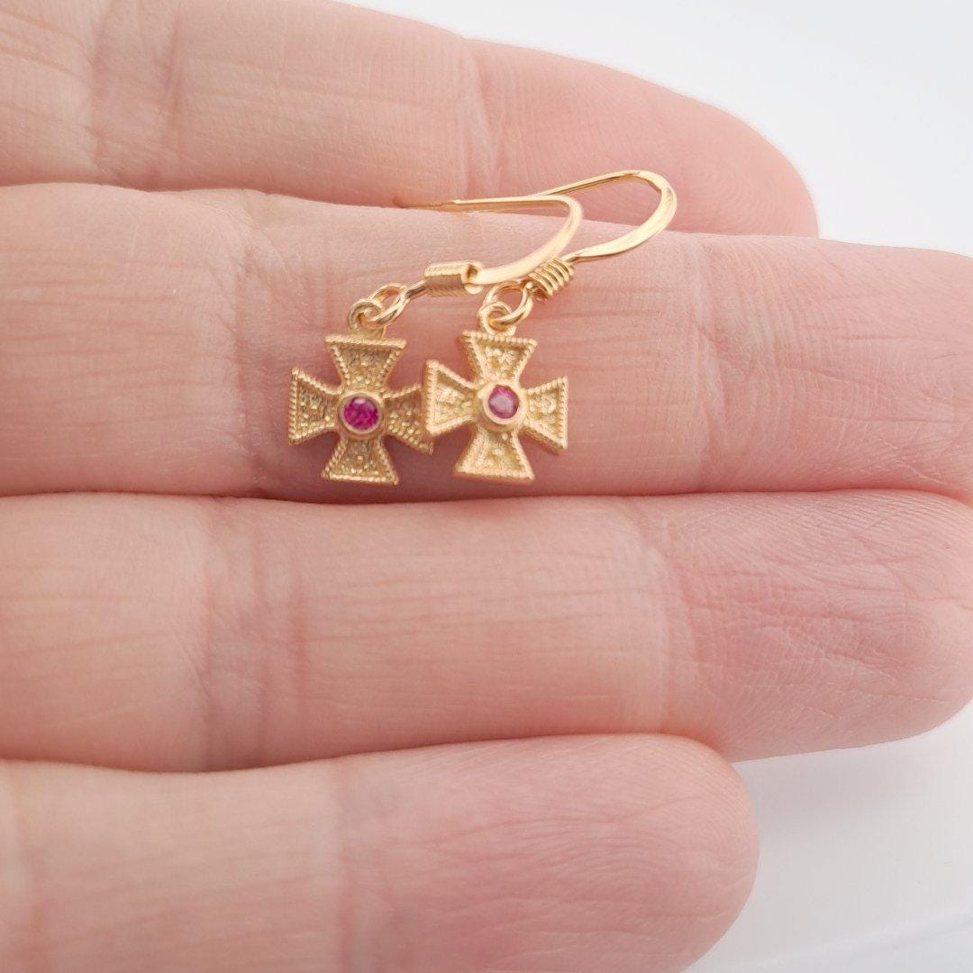 Byzantine Cross Earrings – Gold Plated Drop Earrings with Synthetic Gemstone