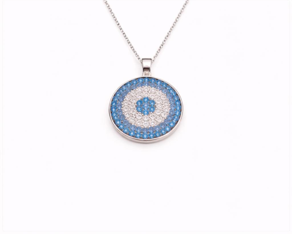Evil Eye Pendant Necklace – Silver Round Pendant with Blue Zirconia Charm