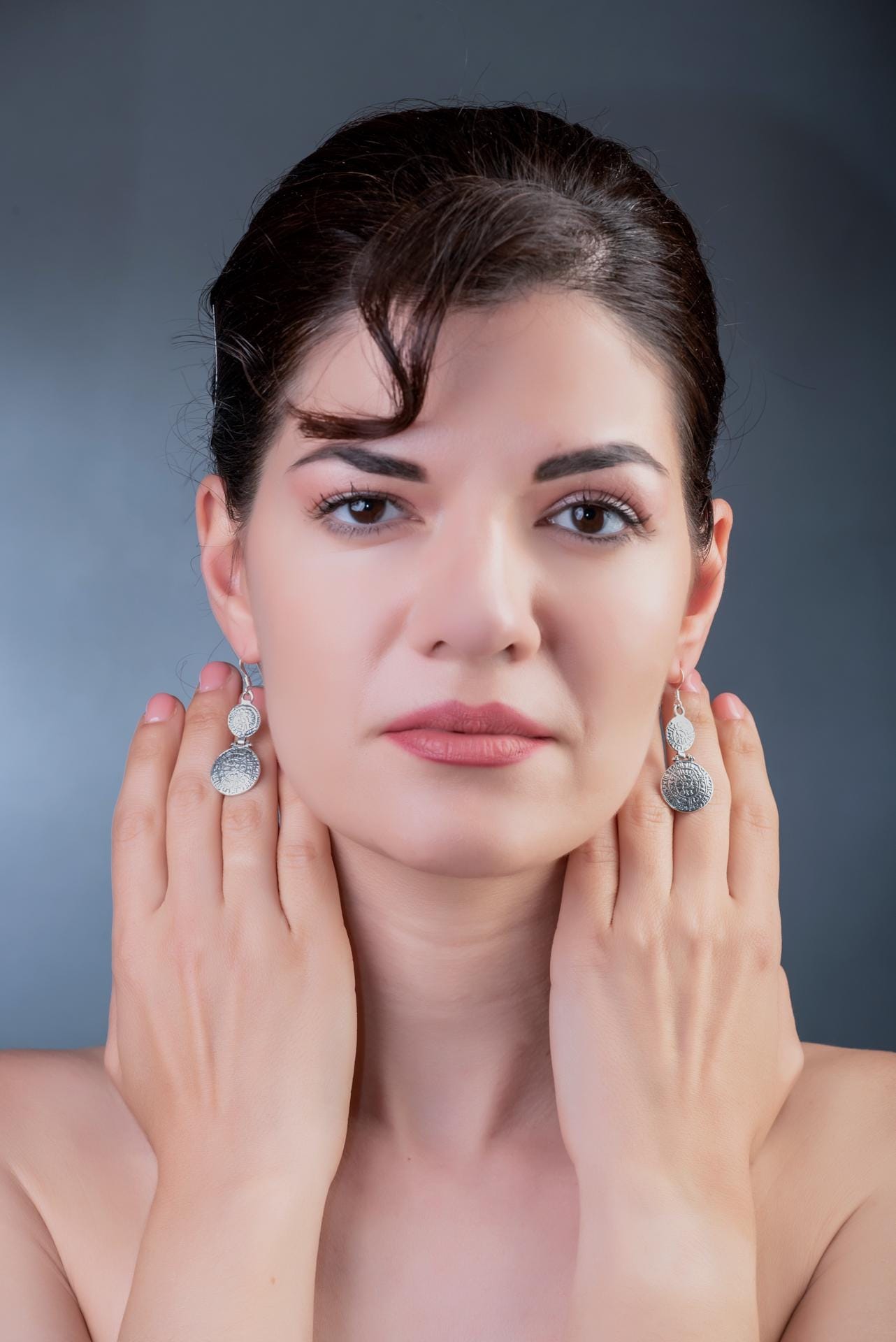 Sterling Silver Phaistos Disc Earrings: Ancient Greek Double Drop