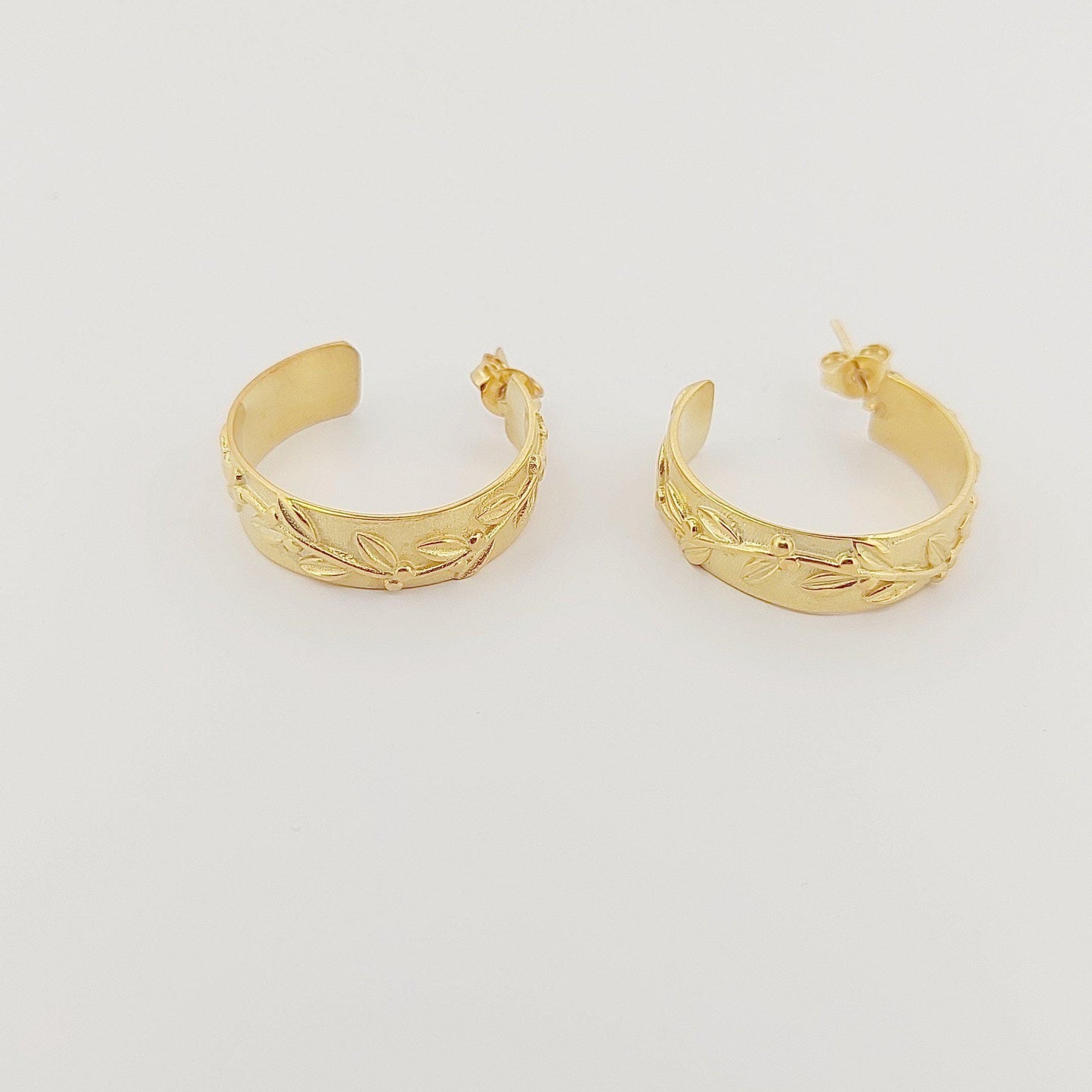 Gold Plated Olive Branch Hoop Earrings: Greek Motif Design