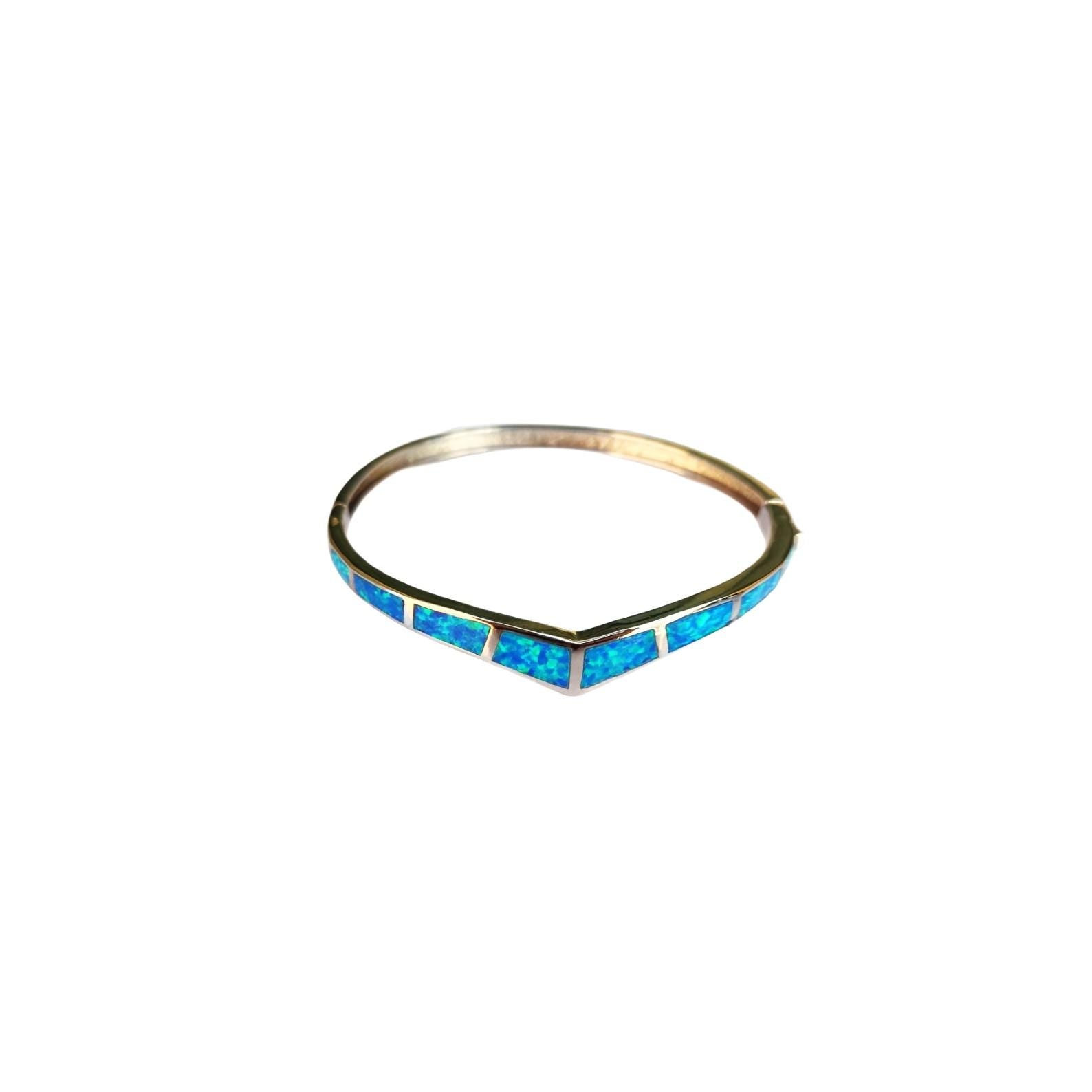 Blue Opal Bangle Bracelet, Sterling Silver 925, Greek Inspired Design