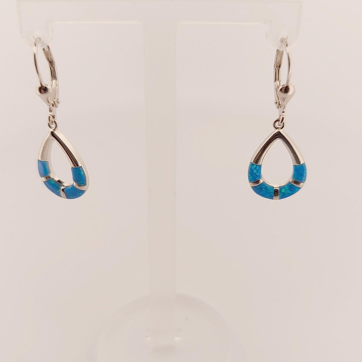 Blue Opal Sterling Silver Drop Earrings: Greek Style Dangle