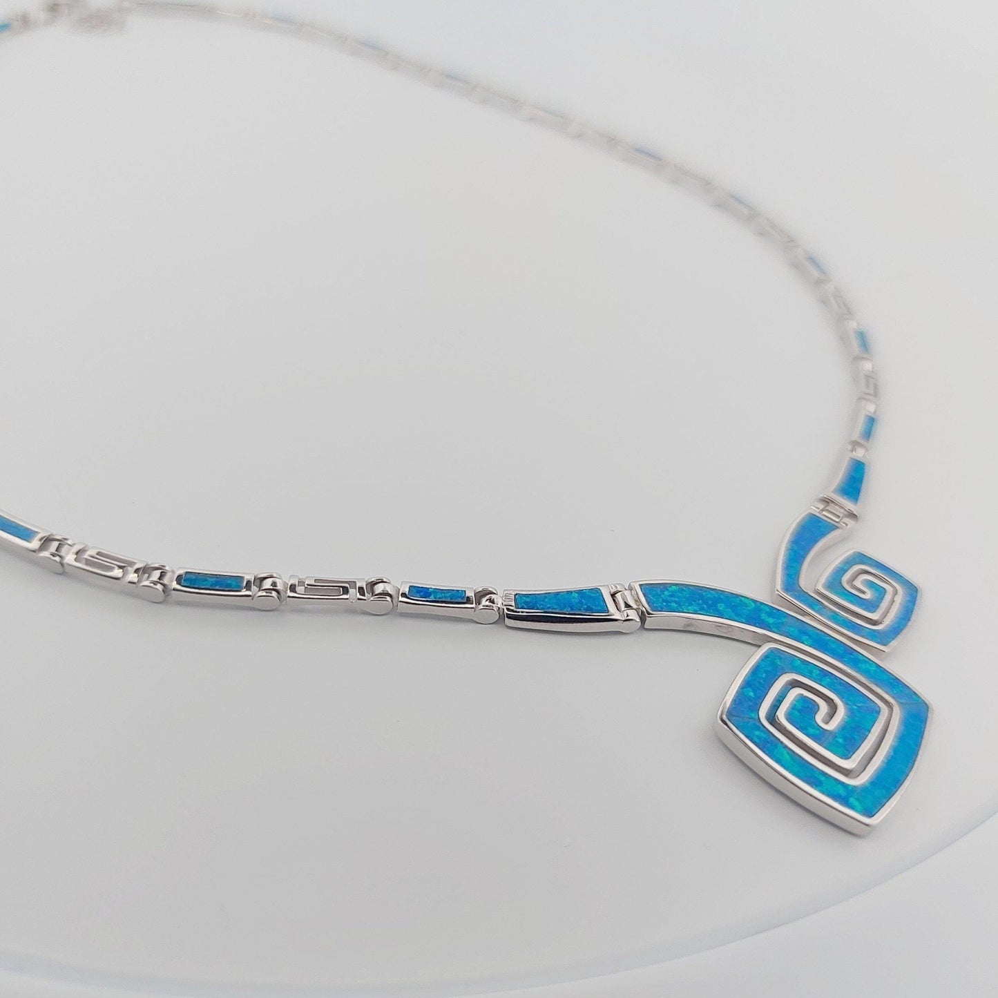 Blue Opal Greek Key Necklace, Sterling Silver Meander Design, Spiral Pattern