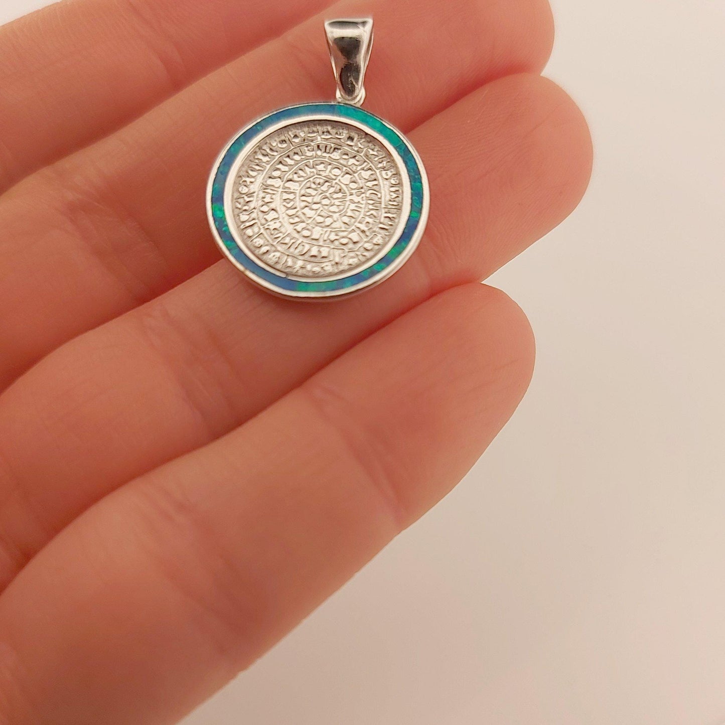 Sterling Silver Phaistos Disc Pendant: Blue Opal Inlay, Ancient Greek Design
