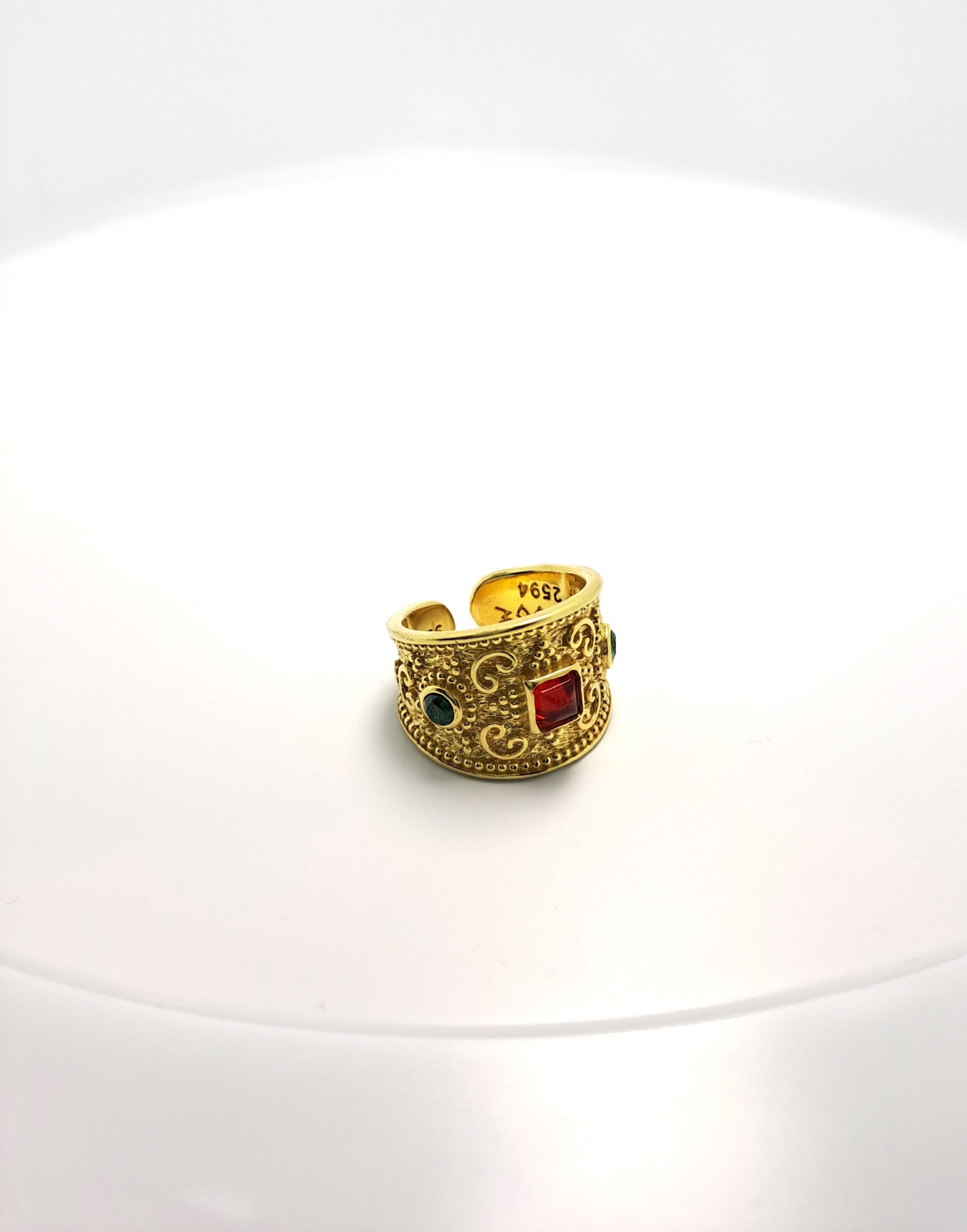Byzantine Filigree Ring – Gold Tone Adjustable Cuff With Red & Green Zircon