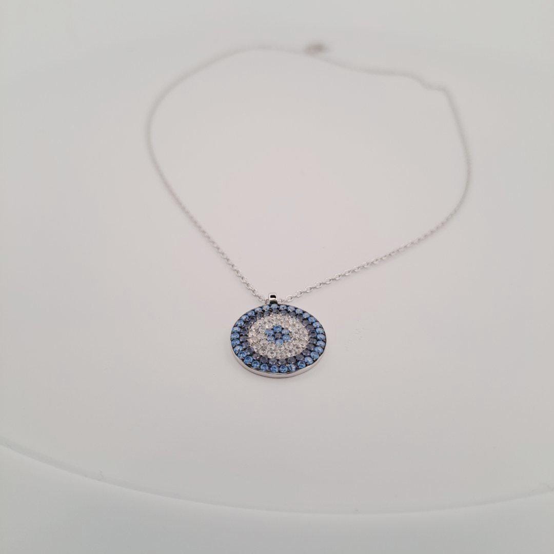 Evil Eye Pendant Necklace – Silver Round Pendant with Blue Zirconia Charm