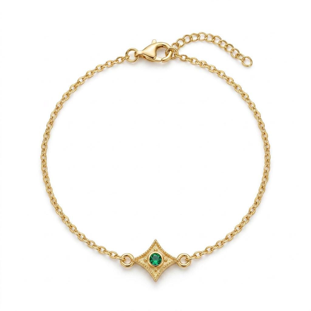 Byzantine Bracelet - Gold Plated Chain Sterling Silver Jewelry With Emerald Charm