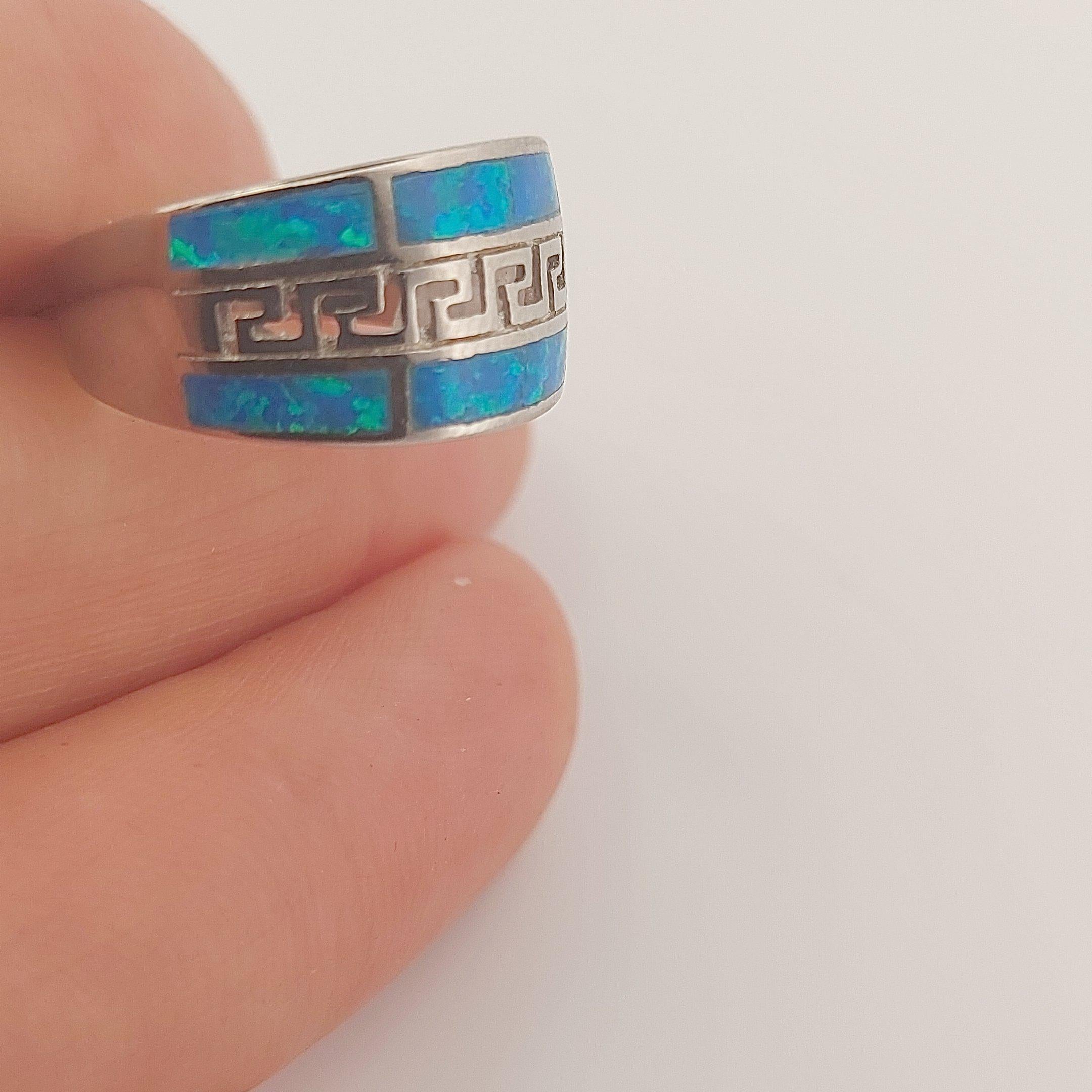 Blue Opal Ring, Sterling Silver Greek Key Meander Design, Statement Band