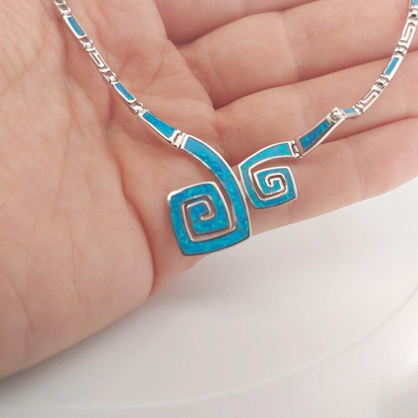 Blue Opal Greek Key Necklace, Sterling Silver Meander Design, Spiral Pattern
