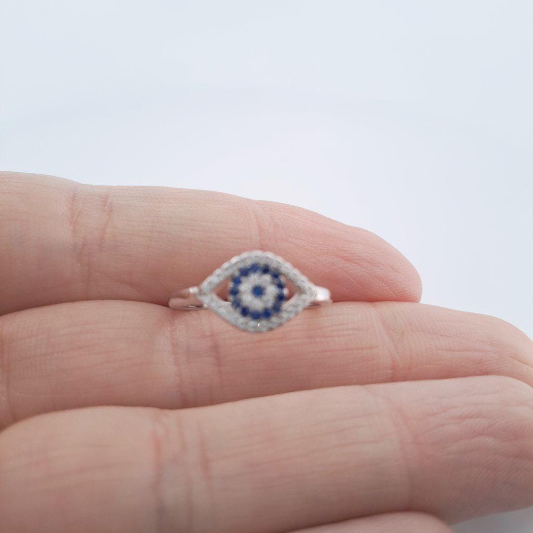 Silver Evil Eye Ring – Blue Zircon Center, Dainty Protective 925 Silver Band