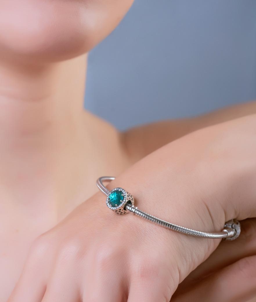 Zircon Silver Charm Bead, Greek Design Bracelet, Turquoise Crystal. Sterling Silver