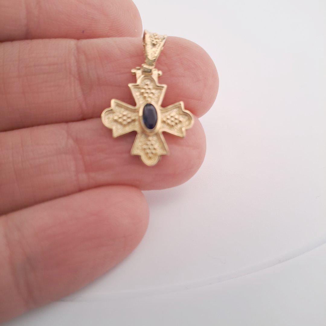 Gold Cross Pendant – Byzantine Cross Charm with Blue Gemstone, Antique Greek Jewelry