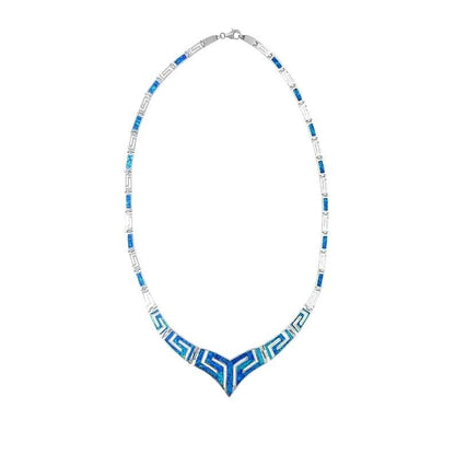 Sterling Silver Blue Opal Necklace, Greek Key V-Shape Meander Design