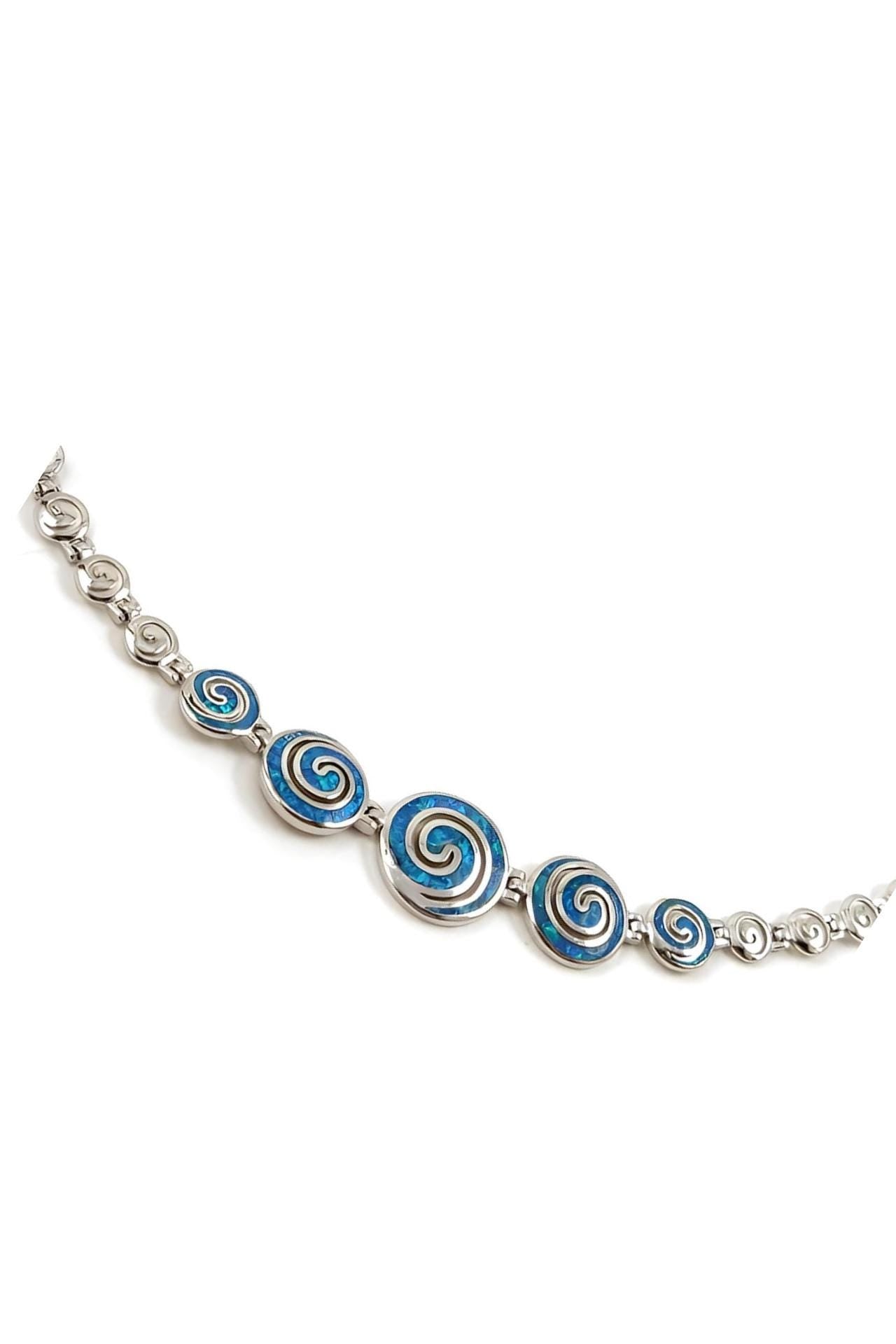 Spiral Blue Opal Necklace Silver, Greek Key Design, Meander Greek Longevity Motif