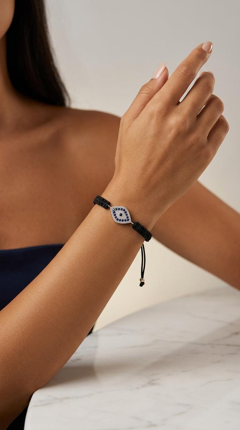 Evil Eye Bracelet – Black Cord Adjustable Fit With Silver Charm & Blue Zircon