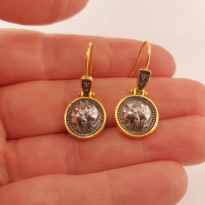 Athena Coin Dangle Earrings: Gold-Plated Greek Jewelry