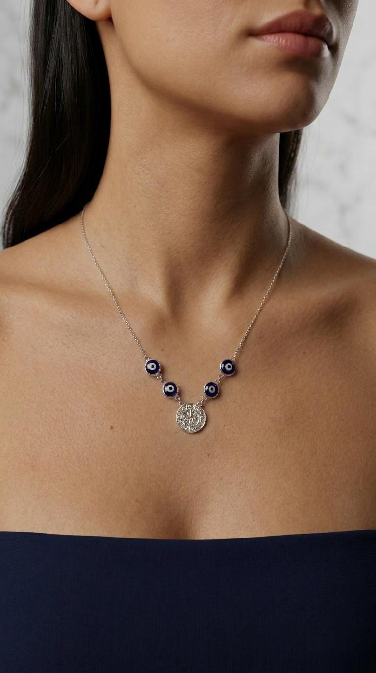 Evil Eye Necklace – Blue Eye Necklace with Phaistos Disc Pendant | Silver Chain