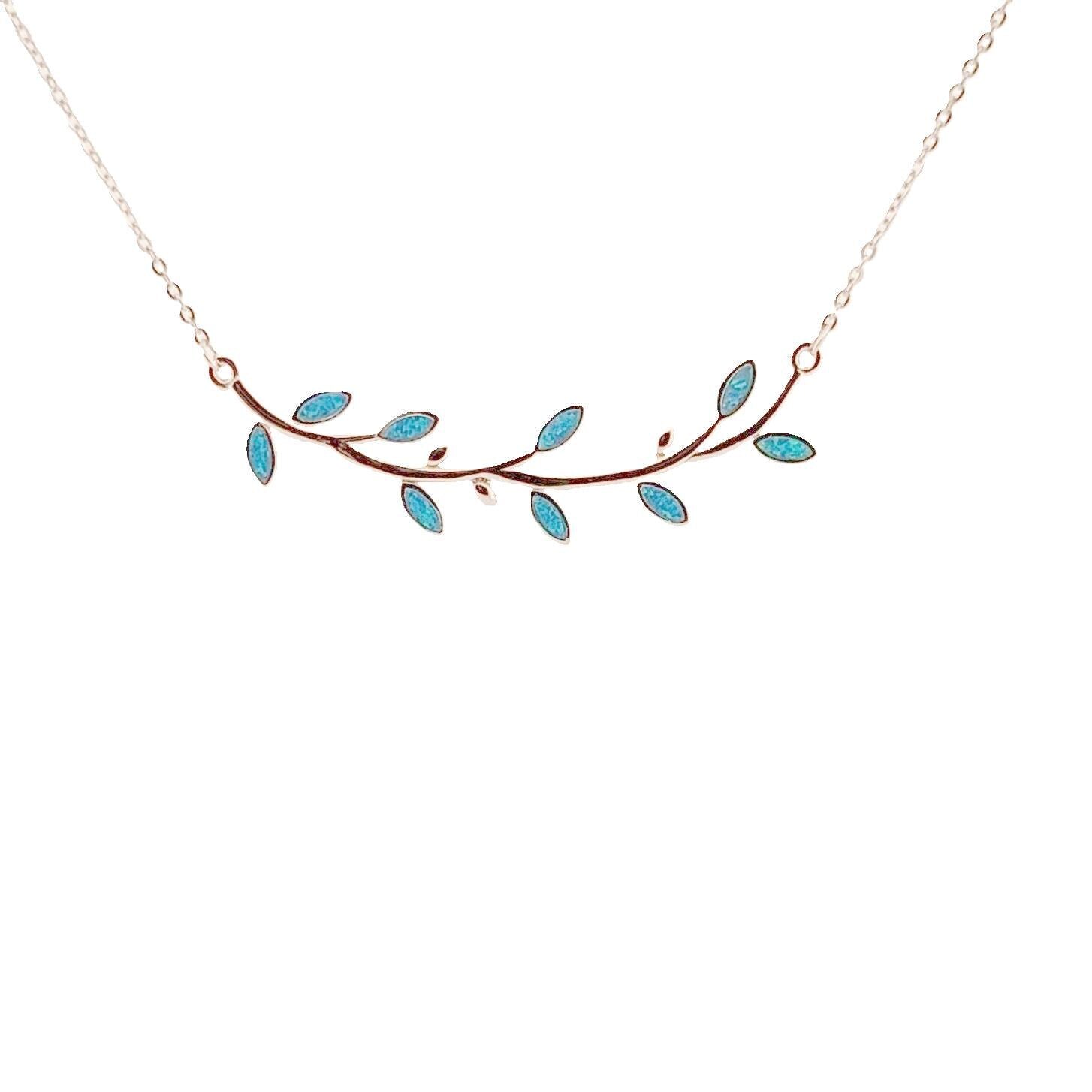 Silver Blue Opal Olive Branch Leaf Pendant Necklace, Greek Mythology Inspired Design